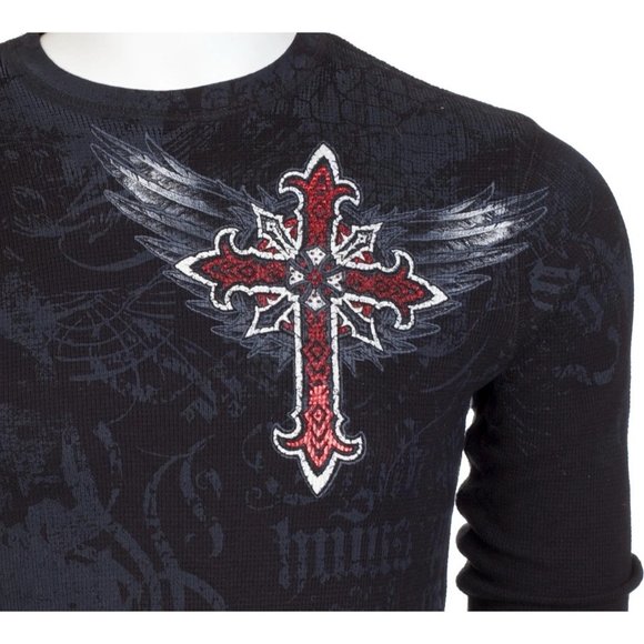 ARCHAIC by AFFLICTION Men's Long Sleeve THERMAL Shirt RED FLAG Biker Black - Picture 5 of 7